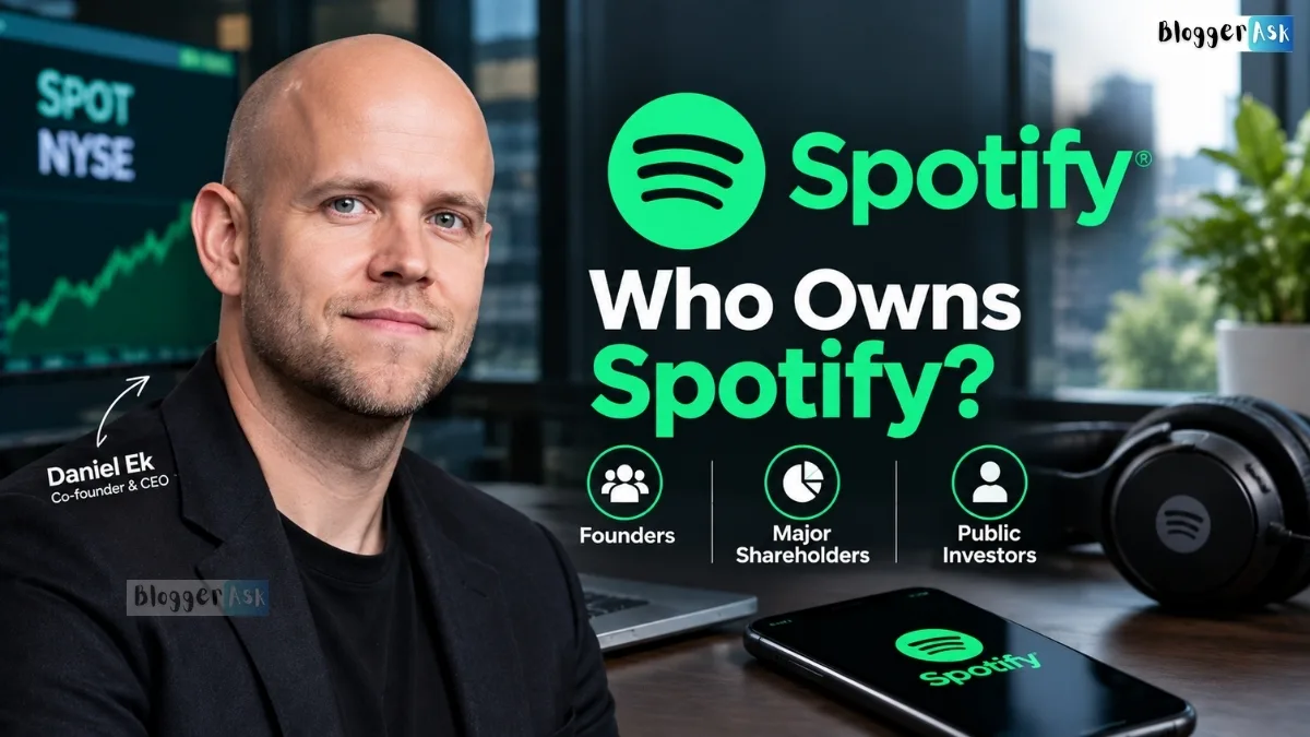 Daniel Ek, Spotify co-founder and CEO, alongside the Spotify logo and a graphic explaining who owns Spotify, including founders, major shareholders, and public investors.
