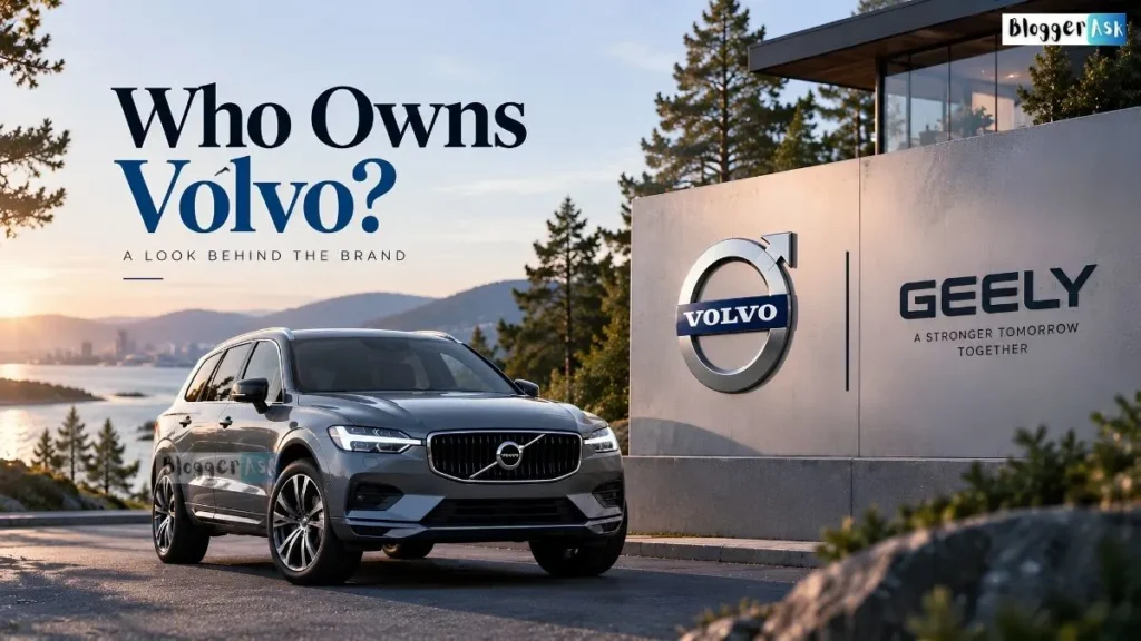 A silver Volvo SUV parked outside a modern building displaying Volvo and Geely logos, with the headline “Who Owns Volvo?” against a scenic coastal landscape at sunset.