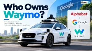 White Waymo self-driving car on a city road with “Who Owns Waymo?” headline and a graphic showing Alphabet → Google → Waymo ownership relationship.