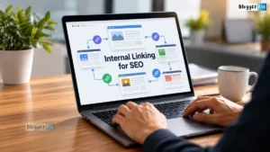 Laptop displaying an internal linking diagram for SEO, connecting website pages with arrows and link icons to improve site structure.