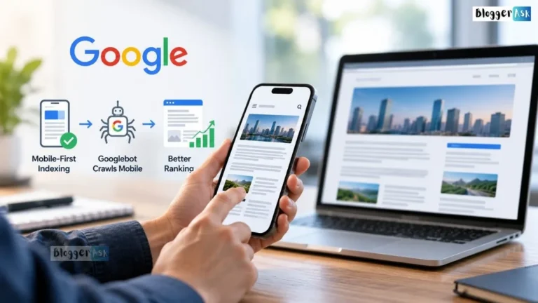 Professional workspace showing mobile-first indexing for SEO, with a smartphone displaying a mobile-friendly website, a laptop showing the desktop version, and a Googlebot crawling infographic illustrating mobile indexing and search rankings.