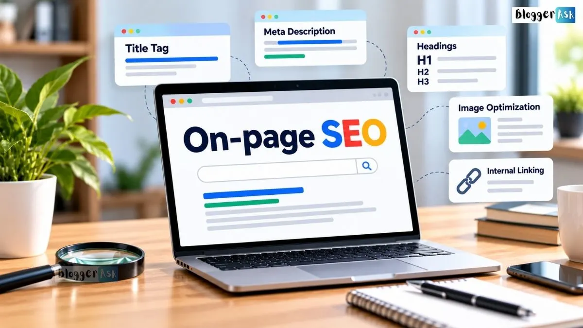 On-Page SEO illustration featuring a laptop screen, SEO optimization elements, title tags, meta descriptions, headings, image optimization, and internal linking on a modern workspace.