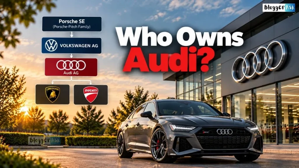 Photorealistic Audi sedan outside a modern showroom with a graphic ownership chart showing Porsche SE, Volkswagen AG, Audi AG, Lamborghini, and Ducati, alongside the headline ‘Who Owns Audi?’