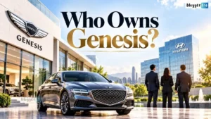 A bright, cinematic image of a Genesis luxury sedan outside a modern showroom, with Genesis and Hyundai branding, business executives, a city skyline, and the headline “Who Owns Genesis?” in large black and gold text.