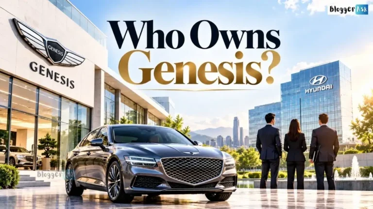 A bright, cinematic image of a Genesis luxury sedan outside a modern showroom, with Genesis and Hyundai branding, business executives, a city skyline, and the headline “Who Owns Genesis?” in large black and gold text.