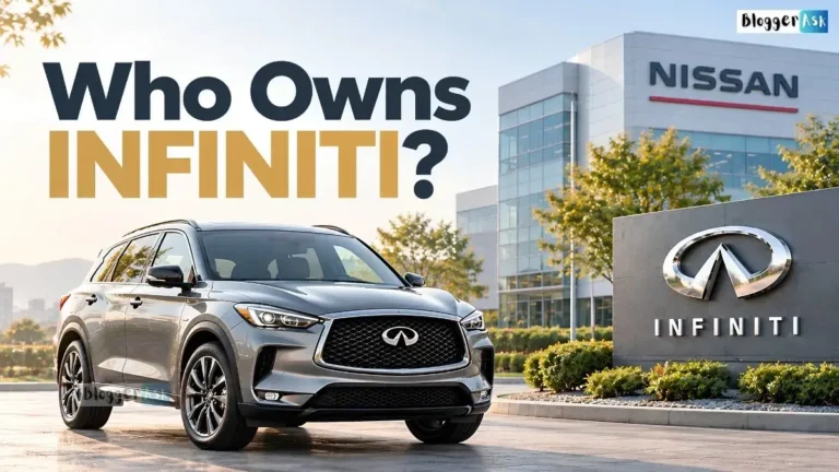 A silver Infiniti SUV parked outside a modern Nissan building, with an Infiniti logo sign on the right and the headline “Who Owns INFINITI?” above.